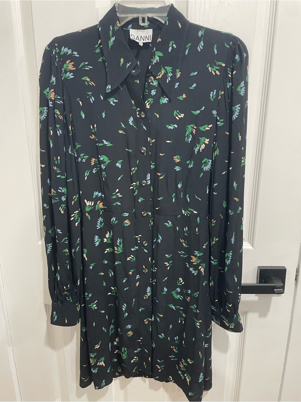 GANNI crepe floral mini shirtdress size 2 EU 34 black with floral print
